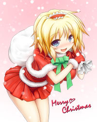 Rule 34 | 1girl, alice margatroid, alternate costume, ariesu watanabe, blonde hair, blue eyes, blush, bow, breasts, capelet, christmas, female focus, gloves, hairband, hanging breasts, large breasts, leaning forward, looking up, miniskirt, red gloves, sack, santa costume, short hair, skirt, smile, solo, touhou