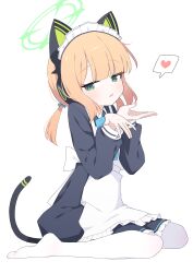 Rule 34 | 1girl, absurdres, animal ear headphones, animal ears, apron, black dress, blonde hair, blue archive, blush, cat tail, dress, fake animal ears, frilled apron, frills, green eyes, green halo, hagoonha, halo, headphones, heart, highres, looking at viewer, maid, maid headdress, midori (blue archive), midori (maid) (blue archive), official alternate costume, open mouth, pantyhose, short hair, simple background, solo, spoken heart, tail, white apron, white background, white pantyhose