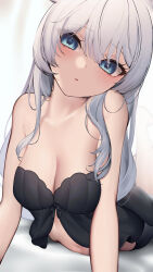 Rule 34 | 1girl, absurdres, arched back, bare shoulders, blue eyes, blush, breasts, character request, cleavage, collarbone, grey hair, highres, long hair, looking at viewer, lying, medium breasts, on stomach, open mouth, shirafuji ene, sidelocks, solo, vrchat