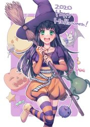 Rule 34 | 1girl, black hair, breasts, candy, detached sleeves, food, gensou suikoden, green eyes, halloween, halloween costume, happy halloween, hat, highres, jack-o&#039;-lantern, jewelry, long hair, looking at viewer, medium breasts, nail polish, necklace, open mouth, pumpkin, sakai (motomei), smile, solo, viki (suikoden), witch hat