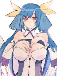 Rule 34 | 1girl, belt, blue hair, blush, grabbing another&#039;s breast, breasts, breasts apart, buttons, choker, cleavage, detached sleeves, dizzy (guilty gear), grabbing, guilty gear, guilty gear xrd, hair between eyes, hair ribbon, hair rings, hand on own chest, highres, large breasts, long hair, red eyes, ribbon, simple background, sketch, smile, solo, twintails, yellow ribbon, yuzuki (nostalgic1029)