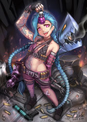 Rule 34 | 1girl, asymmetrical legwear, bandages, blue hair, boots, braid, breasts, bullet, explosive, fingerless gloves, fishnet thighhighs, fishnets, gloves, grenade, gun, jinx (league of legends), league of legends, long hair, looking at viewer, m1 bazooka, machinery, midriff, navel, open mouth, pink eyes, qblade, rocket launcher, shorts, single thighhigh, small breasts, smoke, solo, tattoo, thighhighs, twin braids, uneven legwear, very long hair, weapon