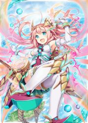 Rule 34 | 1girl, akkijin, armpits, blue eyes, bodysuit, boots, flying, gauntlets, gloves, hand up, island, mecha, mecha musume, ocean, open mouth, orbit, pink hair, robot, shinkai no valkyrie, smile, solo, thighhighs, white gloves
