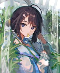 Rule 34 | 1girl, ahoge, arknights, black hair, blue eyes, from side, goggles, goggles on head, hair bun, highres, holding, ichita (yixisama-shihaohaizhi), jumpsuit, la pluma (arknights), la pluma (summer flowers) (arknights), long sleeves, looking at viewer, looking to the side, mouth hold, official alternate costume, plant, short hair, single hair bun, single side bun, sleeves past wrists, solo, swimsuit, swimsuit under clothes, twitter username, upper body, water, whistle, white jumpsuit, wing hair ornament