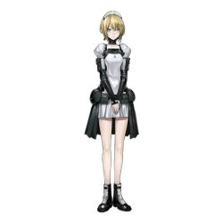 Rule 34 | 1girl, ankle boots, arm pouch, artist request, belt pouch, black collar, black footwear, black sleeves, blonde hair, boots, breasts, closed mouth, collar, collarbone, dress, expressionless, full body, girls&#039; frontline, green eyes, hair between eyes, long sleeves, looking at viewer, maid, maid headdress, marlohe (girls&#039; frontline), medium breasts, no socks, official art, overskirt, own hands together, pouch, puffy long sleeves, puffy sleeves, short hair, simple background, solo, standing, transparent background, white dress