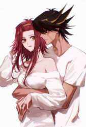 Rule 34 | 1boy, 1girl, absurdres, alternate costume, bare shoulders, black hair, blonde hair, blue eyes, breasts, brown eyes, brown hairband, cleavage, closed mouth, collarbone, couple, eye contact, facial mark, fudo yusei, hairband, hand in own hair, hetero, highres, hug, hug from behind, izayoi aki, jewelry, long hair, looking at another, medium breasts, multicolored hair, naoki (2rzmcaizerails6), off-shoulder sweater, off shoulder, open mouth, red hair, ring, shirt, short hair with long locks, sidelocks, simple background, smile, spiked hair, streaked hair, sweater, t-shirt, two-tone hair, upper body, wedding ring, white background, white shirt, white sweater, yu-gi-oh!, yu-gi-oh! 5d&#039;s