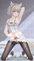 Rule 34 | 1girl, animal ears, arms up, bed, blush, breasts, cat ears, cleavage, highres, kneeling, mio (xenoblade), navel, pillow, solo, suzhi2333, white hair, xenoblade chronicles (series), xenoblade chronicles 3