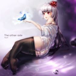 Rule 34 | 1girl, ass, aura, bad id, bad pixiv id, bare shoulders, black thighhighs, bug, butterfly, butterfly on hand, dress, flower, gradient background, hair flower, hair ornament, hk (hk), insect, long hair, lying, off shoulder, on side, open mouth, original, partially submerged, red eyes, see-through, short dress, silver hair, smile, solo, thighhighs, very long hair, water, wet, wet clothes, wet dress, white dress, zettai ryouiki