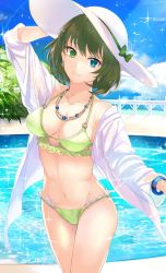 Rule 34 | 10s, 1girl, arms up, ashita (2010), bad id, bad twitter id, beach, bikini, bikini under clothes, blue eyes, bracelet, breasts, brown hair, cleavage, collarbone, day, green bikini, green eyes, green ribbon, hat, heterochromia, idolmaster, idolmaster cinderella girls, jewelry, lace, lace-trimmed bikini, lace trim, looking at viewer, medium breasts, navel, necklace, open clothes, open shirt, outdoors, ribbon, shirt, short hair, smile, solo, sparkle, sun hat, swept bangs, swimsuit, takagaki kaede, thighs, white shirt