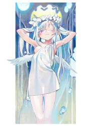 Rule 34 | 1girl, absurdres, angel, armband, armpits, arms up, bare shoulders, blush, border, breasts, closed mouth, collarbone, colored eyelashes, dress, feathered wings, female focus, flower, flower wreath, full moon, half-closed eye, highres, kaede (shijie heping), long hair, looking at viewer, moon, night, nipples, one breast out, one eye closed, original, outdoors, outside border, purple eyes, see-through, sidelocks, single strap, sleeveless, sleeveless dress, small breasts, solo, standing, thigh gap, washing hair, water, wet, wet hair, white border, white dress, white flower, white hair, white wings, wings