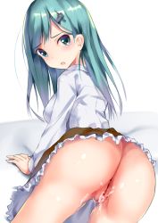 Rule 34 | 10s, 1girl, aqua eyes, aqua hair, ass, clothes lift, cum, cum on pussy, from behind, hair ornament, hairclip, henet hene, kantai collection, long hair, long sleeves, looking at viewer, looking back, open mouth, pussy, shirt, skirt, skirt lift, solo, suzuya (kancolle), thighs, uncensored