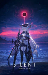 Rule 34 | 1girl, absurdres, arknights, boots, capelet, character request, clothing cutout, echj, eclipse, english text, gloves, highres, holding, holding weapon, long hair, looking at viewer, low-tied long hair, planted, red eyes, shore, skadi (arknights), solar eclipse, solo, standing, thigh cutout, very long hair, weapon, white hair