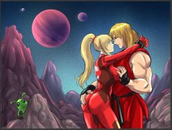 Rule 34 | 1boy, 1girl, alien, ass, ass grab, blonde hair, bodysuit, breast hold, breasts, couple, grabbing another&#039;s ass, groping, holding, ken masters, large breasts, metroid, mountain, nintendo, non-web source, planet, ponytail, samus aran, sky, space, star (sky), starry sky, street fighter, super smash bros., zero suit