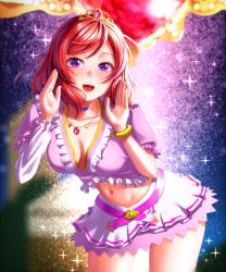 Rule 34 | 1girl, artist name, artist request, bare legs, belt, blush, bracelet, breasts, cleavage, collarbone, dress, female focus, frilled dress, frills, hair between eyes, highres, jewelry, looking at viewer, love live!, love live! school idol project, medium breasts, midriff, music s.t.a.r.t!!, navel, necklace, nishikino maki, pink belt, pink dress, pink skirt, puffy short sleeves, puffy sleeves, purple eyes, red hair, scrunchie, short hair, short sleeves, single sleeve, skirt, smile, solo, sparkle, swept bangs, tiara, white skirt, yellow scrunchie