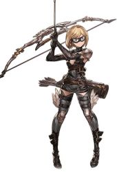 Rule 34 | 10s, 1girl, armor, arrow (projectile), blonde hair, bow (weapon), djeeta (granblue fantasy), dress, elbow gloves, full body, gloves, goggles, granblue fantasy, holding, holding weapon, jpeg artifacts, looking away, marksman (granblue fantasy), minaba hideo, official art, pauldrons, quiver, short dress, short hair, shoulder armor, simple background, solo, thighhighs, weapon, white background, zettai ryouiki