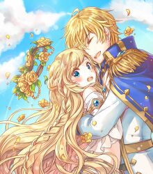Rule 34 | 1boy, 1girl, blonde hair, blue eyes, braid, cape, earrings, hand on another&#039;s chest, head wreath, highres, hug, jewelry, long hair, lostviolette, lyford (shironeko project), petals, raqua (shironeko project), shironeko project