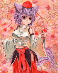 Rule 34 | 1girl, :o, adapted costume, animal ears, bare shoulders, breasts, detached sleeves, female focus, hakurei reimu, hat, hip focus, inubashiri momiji, kabaji, large breasts, leaf, maple leaf, navel, oil painting (medium), painting (medium), red eyes, shirt, short hair, silver hair, solo, tail, taut clothes, taut shirt, tokin hat, touhou, traditional media, wide sleeves, wolf ears, wolf tail