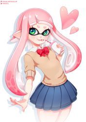 Rule 34 | 1girl, bad id, bad twitter id, blue skirt, blush, cardigan, cowboy shot, cup, drinking straw, green eyes, heart, inkling, inkling girl, inkling player character, looking at viewer, mask, neocoill, nintendo, pink hair, pleated skirt, red neckwear, school uniform, short sleeves, sidelocks, simple background, skirt, smile, solo, tentacle hair, watermark, white background