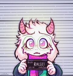 Rule 34 | 1boy, animal ears, colored skin, commentary, deltarune, english commentary, english text, eye contact, furry, furry male, glasses, gloves, goat boy, goat ears, green-framed eyewear, green robe, holding, horns, linterteatime, long sleeves, looking at another, looking at viewer, mugshot, pink scarf, purple eyes, ralsei, robe, round eyewear, scarf, solo, square eyes, trap