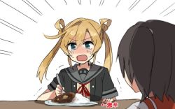 Rule 34 | 10s, 2girls, abukuma (kancolle), annin musou, arrow (symbol), bad id, bad twitter id, black hair, blonde hair, blue eyes, blush, curry, curry rice, eating, food, kantai collection, long hair, multiple girls, nagara (kancolle), open mouth, remodel (kantai collection), rice, short hair, short sleeves, side ponytail, sweat, tears, translation request, trembling, twintails