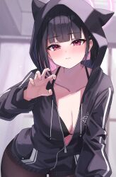 Rule 34 | 1girl, animal hood, asashin (asn), bikini, bikini under clothes, black bikini, black hair, black jacket, black pantyhose, blue archive, blurry, blurry background, blush, breasts, claw pose, closed mouth, collarbone, colored inner hair, commentary request, halo, highres, hood, hood up, hooded jacket, indoors, jacket, kazusa (blue archive), long sleeves, looking at viewer, medium breasts, multicolored hair, pantyhose, partially unzipped, pink eyes, pink hair, pink halo, puffy long sleeves, puffy sleeves, solo, swimsuit