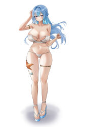 Rule 34 | 1girl, absurdres, ash (cat7evy), bikini, blue footwear, blue hair, blush, braid, breasts, cleavage, closed mouth, french braid, full body, goddess of victory: nikke, helm (nikke), highres, large breasts, long hair, looking at viewer, sandals, simple background, skindentation, solo, standing, starfish, strapless, strapless bikini, swimsuit, thigh strap, white background, white bikini, zouri