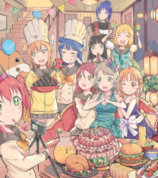 Rule 34 | 10s, 6+girls, ;), ^ ^, accordion, ahoge, aqua dress, arm grab, balloon, birthday, birthday cake, black hair, blonde hair, blue eyes, blue hair, blunt bangs, blush stickers, bow, bowtie, braid, bread, breasts, bunting, burger, buttons, cake, chef hat, chicken (food), cleavage, closed eyes, couch, crown braid, digital camera, double-breasted, drawing, dress, earrings, elephant, flower, flute, food, frilled pillow, frills, fruit, green eyes, hair bow, hair bun, hair flower, hair ornament, hair rings, hand on another&#039;s shoulder, hand on own face, hat, heart, highres, holding, holding plate, hot sauce, instrument, jewelry, kunikida hanamaru, kurosawa dia, kurosawa ruby, lantern, lemon, lemon slice, lemonade, loaf of bread, lobster, long hair, looking at viewer, love live!, love live! sunshine!!, maracas, matsuura kanan, medium breasts, mole, mole under mouth, multiple girls, neckerchief, necklace, ohara mari, one eye closed, open mouth, orange (fruit), orange eyes, orange hair, orange slice, own hands together, party whistle, pearl necklace, pennant, picture frame, pillow, pitcher (container), plant, plate, ponytail, potted plant, purple dress, purple eyes, qianqian, red eyes, red hair, sakurauchi riko, school uniform, serafuku, short hair, side braid, side bun, single side bun, sitting, small breasts, smile, stairs, standing, strawberry, string of flags, takami chika, tie clip, tripod, tsushima yoshiko, uchicchii, watanabe you, window, yellow bow, yellow bowtie, yellow eyes