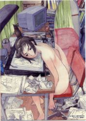 Rule 34 | 00s, 1girl, amazon (company), annoyed, barefoot, black hair, box, brand name imitation, breast press, can, cardboard box, casual nudity, computer, drawing, eraser, frown, genshiken, highres, mirror, nude, nude in front of computer, nudist, ogiue chika, otaku, otaku room, poster (medium), product placement, reflection, sitting, solo, tears, topknot, traditional media, tsuruta kenji