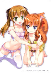2girls, :d, absurdres, ahoge, animal ears, barefoot, black bow, blue eyes, blush, bow, bra, breasts, brown hair, character request, cleavage, collarbone, copyright name, dog days, dog ears, floating hair, fox tail, fujima takuya, green eyes, hair bow, hair ribbon, highres, kneeling, long hair, looking at viewer, multiple girls, navel, off shoulder, open mouth, orange hair, page number, panties, pink bra, pink panties, red ribbon, ribbon, shiny, shiny hair, small breasts, smile, tail, thighhighs, twintails, underwear, underwear only, white background, white legwear, white ribbon, yellow bra, yellow panties