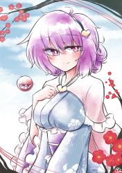 Rule 34 | 1girl, absurdres, blue kimono, blue sky, breasts, capelet, closed mouth, cloud, cloudy sky, commentary request, eyeball, floral print, flower, frilled sleeves, frills, hair between eyes, hand on own chest, highres, japanese clothes, kimono, komeiji satori, large breasts, long sleeves, looking at viewer, outdoors, pink capelet, print kimono, purple eyes, purple hair, red flower, scavia10, sky, smile, solo, third eye, touhou, upper body, wide sleeves