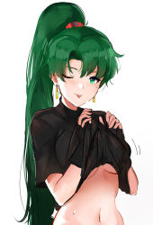 Rule 34 | 1girl, :p, black shirt, blush, breasts, clothes lift, earrings, fire emblem, fire emblem: the blazing blade, green eyes, green hair, highres, jewelry, long hair, looking at viewer, lyn (fire emblem), medium breasts, navel, nintendo, one eye closed, ormille, ponytail, shirt, shirt lift, simple background, smile, solo, sweat, tongue, tongue out, underboob, upper body, very long hair, white background