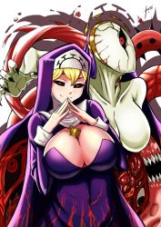 Rule 34 | 1girl, black nails, black sclera, blonde hair, blush, breasts, cleavage, cleavage cutout, clothing cutout, colored sclera, cross, cross necklace, crown, double (skullgirls), dual persona, extra eyes, fingers together, habit, highres, jewelry, large breasts, looking at viewer, monster, monster girl, nail polish, necklace, nun, red eyes, skullgirls, smile, solo, white background