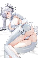 1girl absurdres ass bodysuit breasts cinderella_(nikke) goddess_of_victory:_nikke hair_ornament hair_over_one_eye highres large_breasts long_hair lying on_side parted_lips red_eyes sideboob solo twintails white_background white_bodysuit white_hair zhudouzi