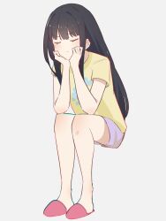 Rule 34 | 1girl, absurdres, anime oekaki13, annoyed, black hair, closed eyes, hands on own chin, head rest, highres, inoue takina, long hair, lycoris recoil, pink footwear, shirt, shorts, sitting, slippers, solo, t-shirt, v-shaped eyebrows, yellow shirt