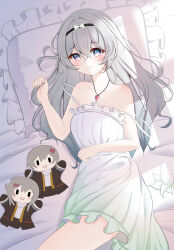 1girl absurdres bare_shoulders bed_sheet blush breasts caelus_(honkai:_star_rail) character_doll closed_mouth cowboy_shot dress firefly_(honkai:_star_rail) gradient_clothes gradient_dress grey_hair hair_between_eyes hair_intakes hand_in_own_hair highres honkai:_star_rail honkai_(series) jewelry knosdeba long_hair looking_at_viewer lying medium_breasts necklace on_bed pillow sleeveless sleeveless_dress smile stelle_(honkai:_star_rail) strap_slip trailblazer_(honkai:_star_rail) two-tone_eyes white_dress