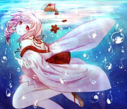 Rule 34 | 1girl, air bubble, bare shoulders, blush, braid, breath, bubble, cherry blossoms, diving, flower, freediving, geta, hair flower, hair ornament, highres, holding breath, japanese clothes, kimono, long hair, miyouu, miyu (pixiv5287128), open mouth, pink hair, red eyes, sandals, sergestid shrimp in tungkang, shrimp, single braid, solo, swimming, underwater, xuan ying