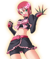 Rule 34 | 1girl, anger vein, blush, claws, clenched hand, cosplay, crossover, cure black, cure black (cosplay), earrings, elbow gloves, fang, futari wa precure, gloves, green eyes, jewelry, magical girl, midriff, my-hime, nekono matatabi, parody, precure, red hair, short hair, shorts, shorts under skirt, simple background, solo, sweatdrop, trembling, white background, yuuki nao