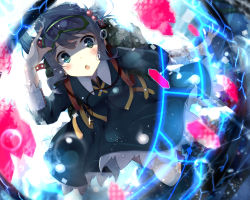 Rule 34 | 1girl, :o, backpack, bag, benio (dontsugel), blue eyes, blue hair, blush, bubble, diving mask, female focus, goggles, hair bobbles, hair ornament, hat, highres, kawashiro nitori, key, long sleeves, looking at viewer, matching hair/eyes, nmaaaaa, open mouth, shirt, skirt, solo, touhou, twintails, two side up, underwater