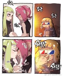 Rule 34 | 3d glasses, 3girls, 4koma, agent 3 (splatoon), agent 4 (splatoon), agent 8 (splatoon), bad id, bad twitter id, comic, dark-skinned female, dark skin, drinking straw, eating, excited, eye contact, food, green hair, holding hands, imminent kiss, inkling, inkling girl, inkling player character, long hair, looking at another, medium hair, multiple girls, nintendo, octoling, octoling girl, octoling player character, orange hair, parted lips, pink hair, pointy ears, popcorn, short hair, splatoon (series), splatoon 2, splatoon 2: octo expansion, squidbeak splatoon, suction cups, tentacle hair, upper body, yknzv, yuri