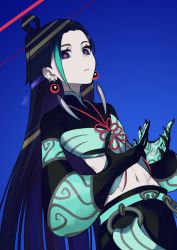 Rule 34 | 1boy, black hair, black pants, blue background, blue hair, chinese commentary, commentary request, crop top, earrings, expressionless, eyeshadow, fate/grand order, fate (series), gloves, halo, jewelry, long hair, long sleeves, looking at viewer, makeup, male focus, multicolored eyes, multicolored hair, navel, pale skin, pants, red eyes, red eyeshadow, rkp, signature, simple background, solo, taisui xingjun (fate), upper body