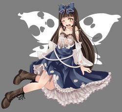 Rule 34 | 1girl, boots, bow, brown hair, cross-laced footwear, female focus, hair bow, lace-up boots, long hair, open mouth, solo, star sapphire, tears, torn clothes, torn wings, touhou, tsukishiro saika, wings, wink, yellow eyes