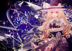 Rule 34 | 1girl, black hat, black skirt, black vest, blonde hair, bow, curly hair, frilled hat, frills, hat, hat bow, juliet sleeves, kirisame marisa, long hair, long sleeves, looking at viewer, mirimo, pantyhose, puffy sleeves, ribbon, shirt, sitting, skirt, solo, striped clothes, striped pantyhose, touhou, vertical-striped clothes, vertical-striped pantyhose, very long hair, vest, white bow, white shirt, witch hat, yellow eyes