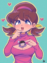 Rule 34 | !?, 10s, 1boy, 1girl, :3, bad id, bad twitter id, between breasts, blood, blue background, blush, breasts, brown eyes, brown hair, cleavage, hair ribbon, hairband, heart, hood, hoodie, low twintails, matsuno ichimatsu, medium breasts, meme attire, messy hair, mini person, miniboy, nosebleed, open-chest sweater, osomatsu-kun, osomatsu-san, osomatsu (series), person between breasts, poking, polka dot, polka dot background, remotarou, ribbon, short twintails, sweater, turtleneck, twintails, upper body, yowai totoko