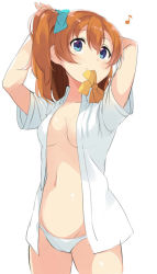 Rule 34 | 10s, 1girl, adjusting hair, bad id, bad pixiv id, blouse, blue eyes, bow, breasts, cowboy shot, groin, hair ribbon, kosaka honoka, love live!, love live! school idol project, mouth hold, musical note, naked shirt, navel, no bra, open clothes, open shirt, orange hair, panties, quaver, ribbon, shirt, short hair, side ponytail, simple background, small breasts, smile, solo, spoken musical note, totoki86, underwear, white background, white panties, white shirt