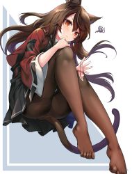 Rule 34 | 1girl, animal ears, arknights, ass, black jacket, black skirt, blush, brown hair, brown pantyhose, cat ears, cat tail, closed mouth, coat, collared shirt, commentary request, earrings, feet, formal, hair between eyes, highres, jacket, jewelry, legs, long hair, long sleeves, looking at viewer, miniskirt, necktie, no shoes, open clothes, open coat, pantyhose, pout, red coat, red jacket, shirt, skirt, skyfire (arknights), solo, spica (spica 1510), squiggle, suit, tail, thighband pantyhose, thighs, toes, torn clothes, torn pantyhose, white shirt, wing collar, yellow eyes, yellow necktie