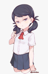 Rule 34 | 1girl, artist name, ascot, bags under eyes, black hair, black skirt, commentary, cowboy shot, cropped legs, dress shirt, female focus, frown, grey eyes, head tilt, highres, jingai modoki, looking at viewer, low twintails, medium hair, original, pleated skirt, red ascot, shirt, short sleeves, simple background, skirt, solo, twintails, twitter username, white background, white shirt