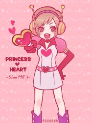 Rule 34 | 1girl, bad id, bad pixiv id, belt, blonde hair, boots, choker, dress, headphones, heart, heather mason, lowres, magical girl, meltia, open mouth, pink eyes, princess heart, silent hill, silent hill (series), silent hill 3, smile, solo, staff, wand