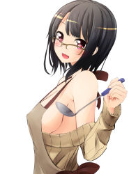 Rule 34 | 10s, 1girl, alternate costume, apron, bad id, bad pixiv id, bare shoulders, bespectacled, black hair, blush, breasts, covered erect nipples, glasses, highres, kantai collection, ladle, large breasts, looking at viewer, nekobaka, open mouth, red eyes, ribbed sweater, short hair, sideboob, simple background, smile, solo, sweater, takao (kancolle), white background
