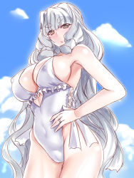 Rule 34 | alternate breast size, blue sky, breasts, cosplay, covered erect nipples, hakkai, hand on own hip, highres, jewelry, kantai collection, large breasts, long hair, looking at viewer, murakumo (kancolle), one-piece swimsuit, ring, sagiri (kancolle), sagiri (kancolle) (cosplay), sidelocks, sky, swimsuit, wedding band, white hair, yellow eyes