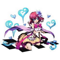 Rule 34 | 10s, 1girl, alpha transparency, blue eyes, blue flower, bow, breasts, cae, cleavage, detached sleeves, divine gate, flower, frilled skirt, frills, full body, hair between eyes, hair flower, hair ornament, heart, kneeling, long hair, looking at viewer, medium breasts, no game no life, official art, open mouth, purple bow, red hair, red ribbon, ribbon, skirt, sleeveless, smile, solo, stephanie dora, transparent background, ucmm